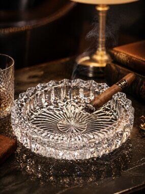 Vintage Glass Ashtray 7.25” | Mid Century Starburst | Heavy Crystal Look Barware